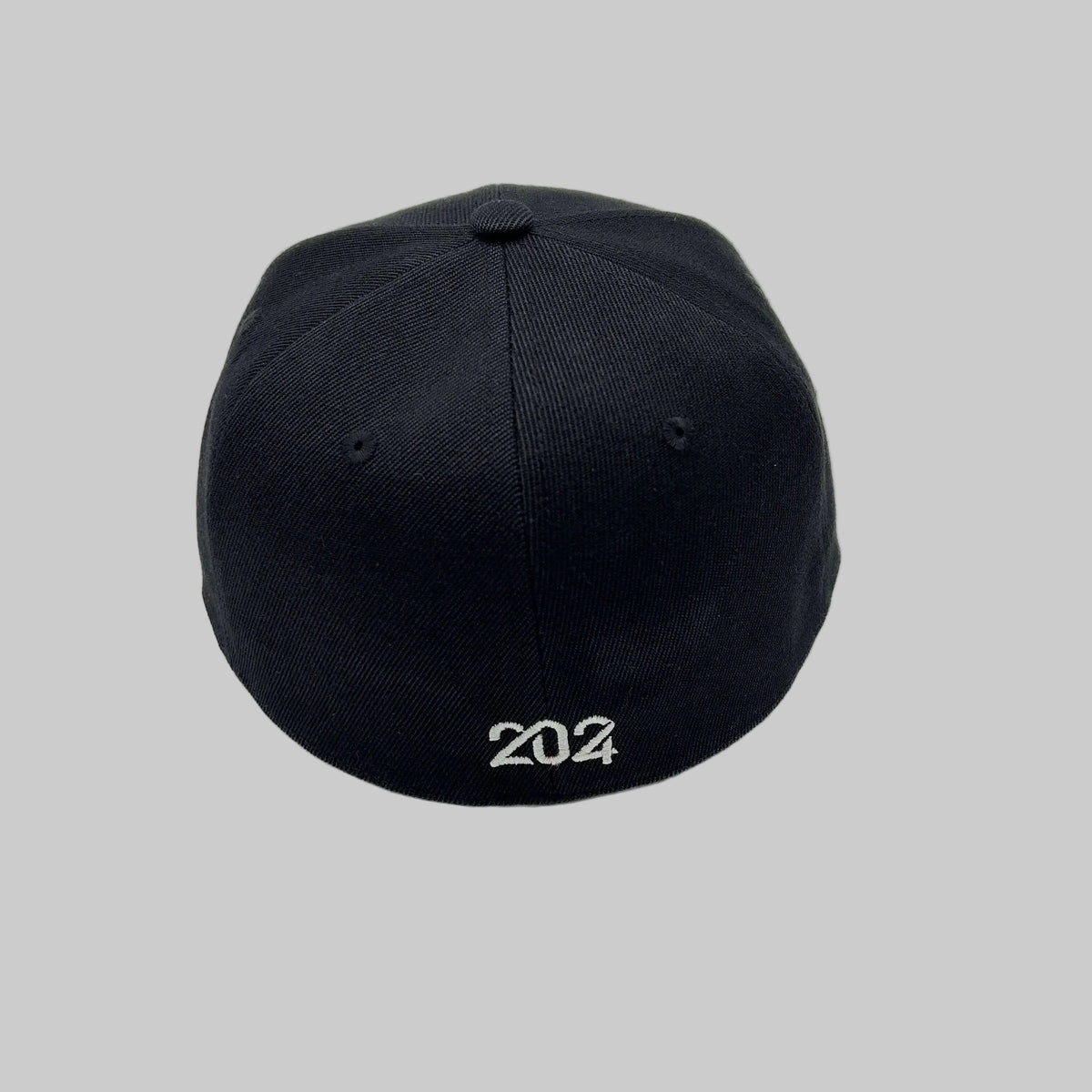 men's casual fitted baseball hat featuring sleek black design and embroidered 204 detail on the back.