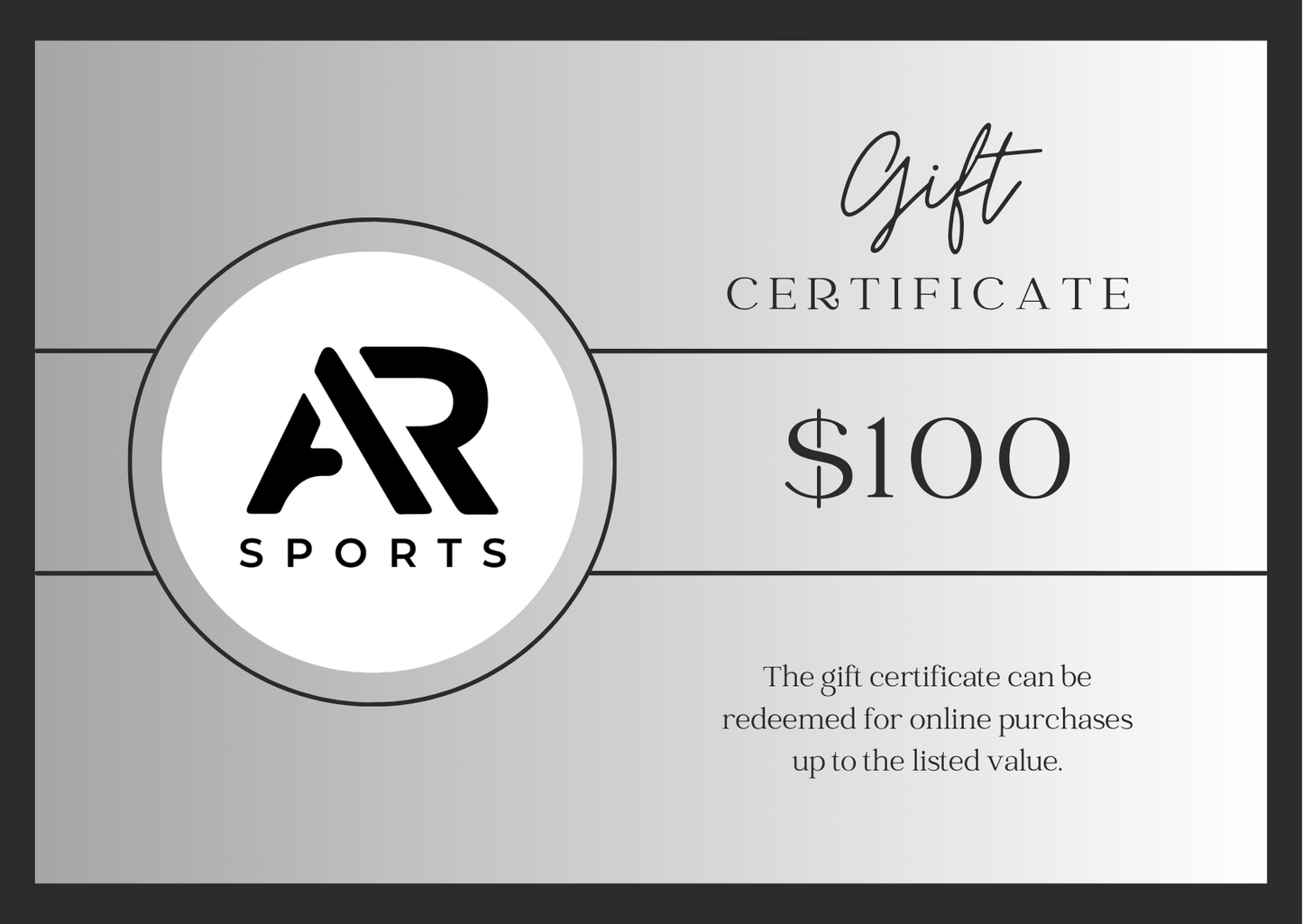 AR Sports $100 gift card for online shopping, perfect gift for sportswear lovers.