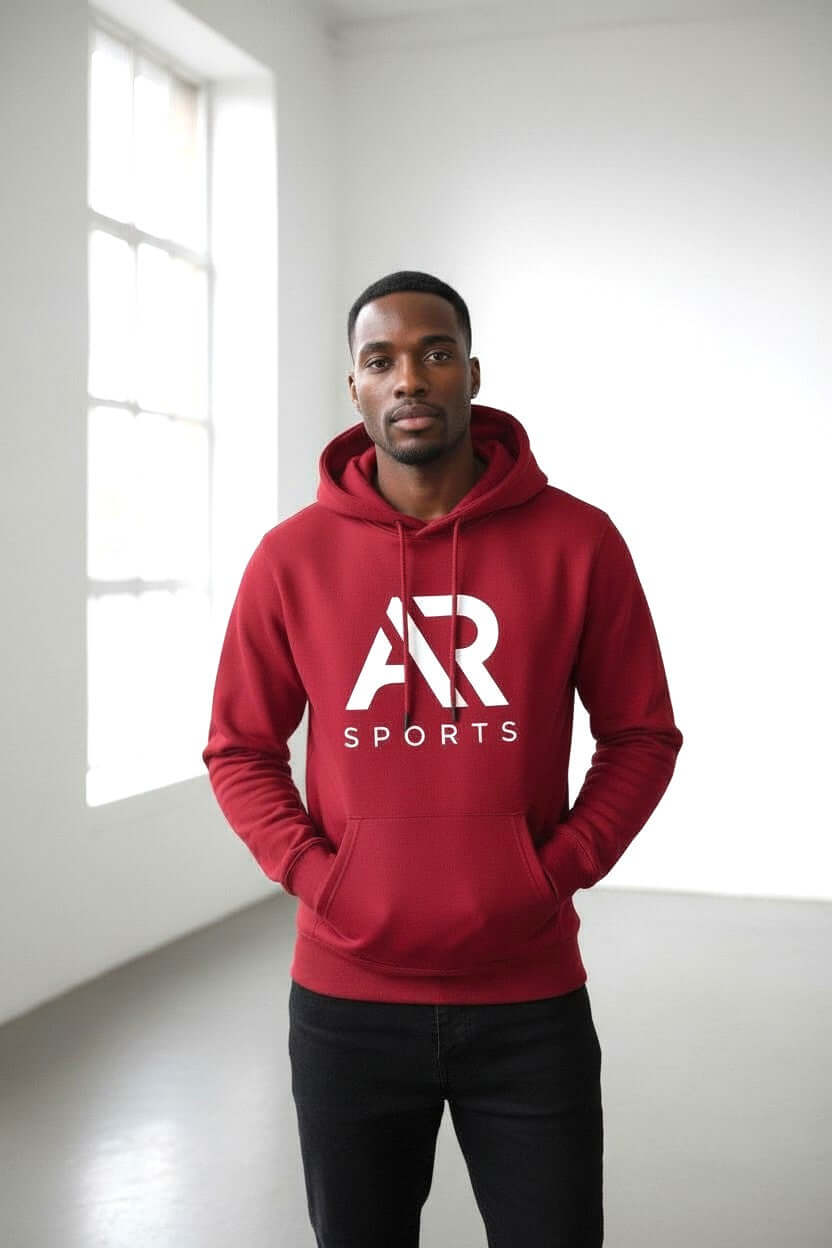 Men's Essential Logo Graphic Pullover Hoodie in red worn by a man, perfect for casual and active wear.