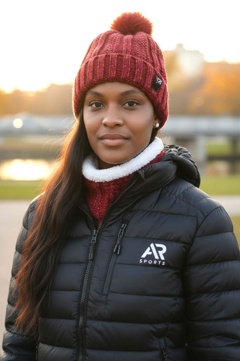 Women wearing Women's Winter Kiki Beanie & Neck Warmer set with a black jacket outdoors.