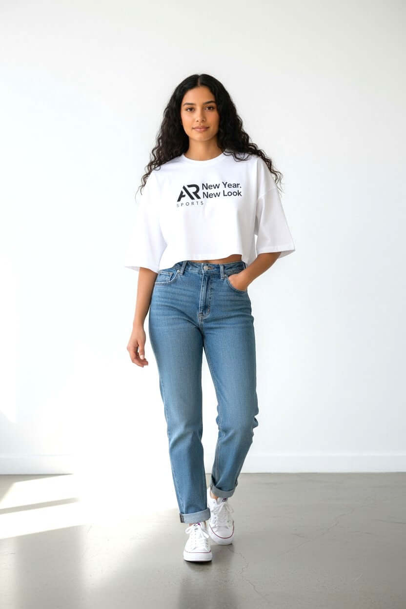 Model wearing women's oversize crop top t-shirt with jeans, showcasing stylish, comfortable casual wear.