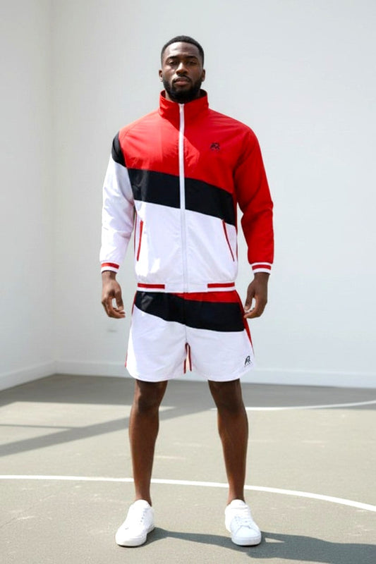 How to Rock the Matching Sweatsuit Trend on the Streets of Maryland, USA featuring a man in a stylish red and white sweatsuit.