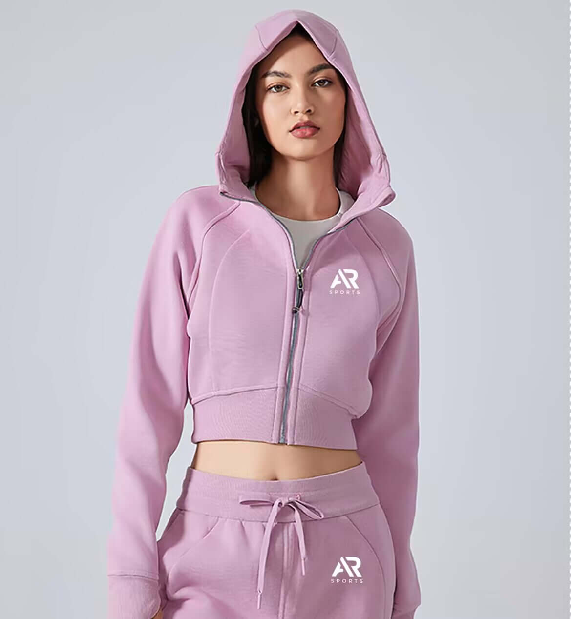 AR Sportswear Women's 2pcs Long Sleeves Full Zip Fleece Fashion Sweatshirt Hoodie