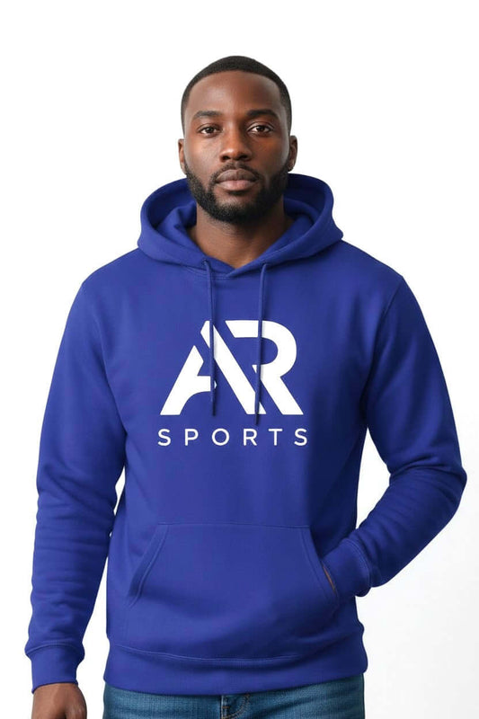 Men's Essential Logo Graphic Pouch Pocket Pullover Hoodie in blue, featuring AR Sports logo, perfect for casual wear.