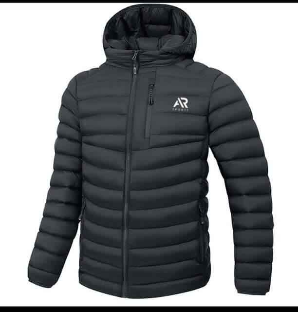 Men's winter down puffy jacket with detached hood in black, designed for warmth and style.