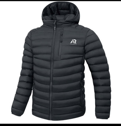 Men's winter down puffy jacket with detached hood in black, designed for warmth and style.