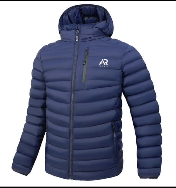 Men's winter Down Puffy Jacket With Detached Hood in navy blue, perfect for warmth and style during cold months.