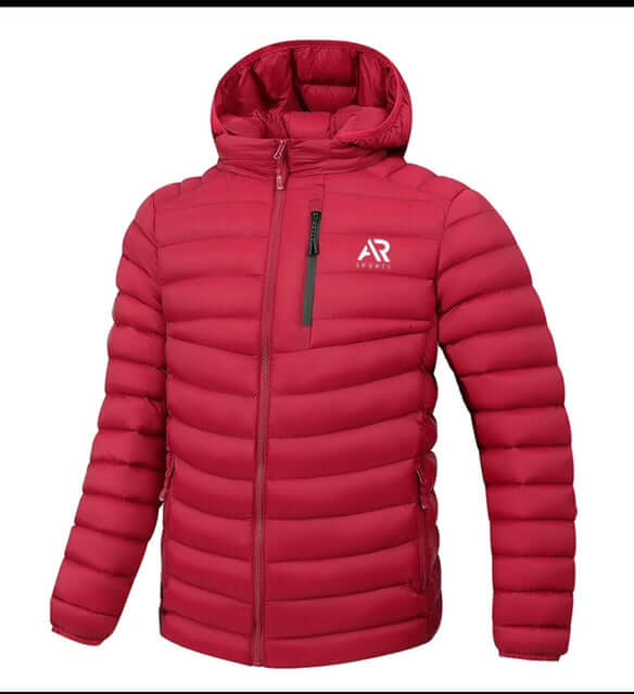 Men's winter Down Puffy Jacket with Detached Hood in red, stylish and warm for cold weather outings.
