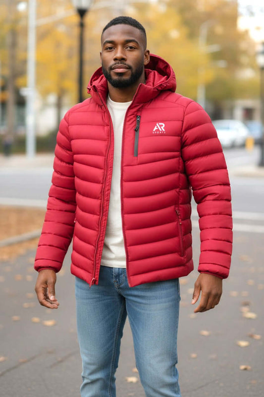 Men's winter Down Puffy Jacket With Detached Hood worn by a man in a red color, ideal for staying warm and stylish.
