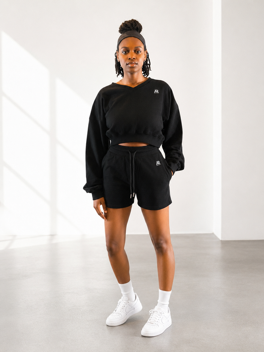 Women's V-neck Sweatshirt Long Sleeves Crop With Matching Shorts