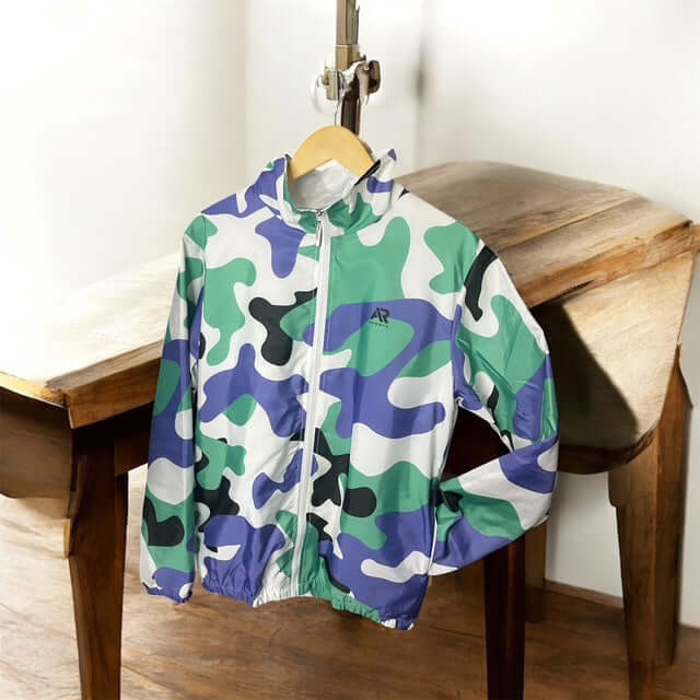 Men's 2Pcs Zip Up Long Sleeve Windbreaker jacket in green and blue camo design, perfect for stylish outdoor wear.