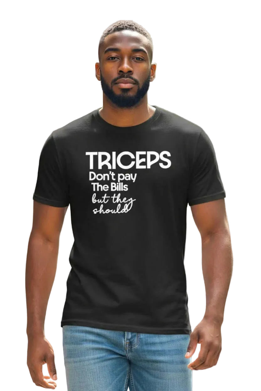 Men's black t-shirt with humorous text about triceps, perfect for casual wear and fitness enthusiasts.