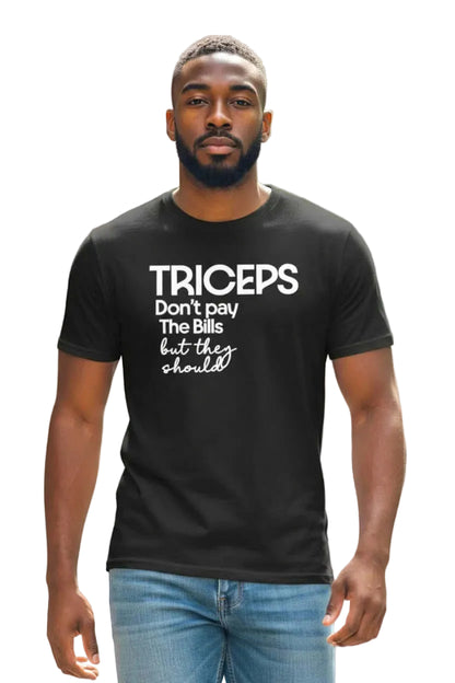 Men's black t-shirt with humorous text about triceps, perfect for casual wear and fitness enthusiasts.