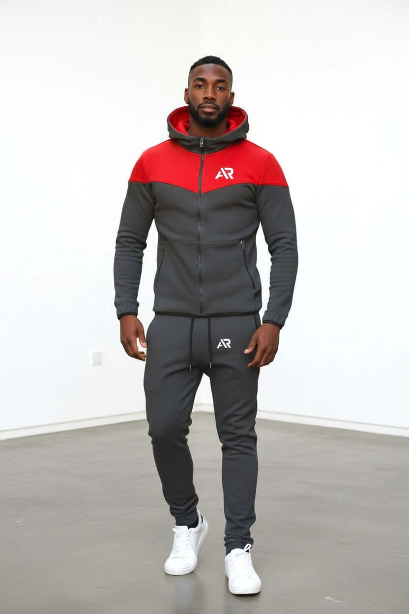 Men's lightweight hoodie and jogger set in dark gray and red, ideal for sports and casual wear.