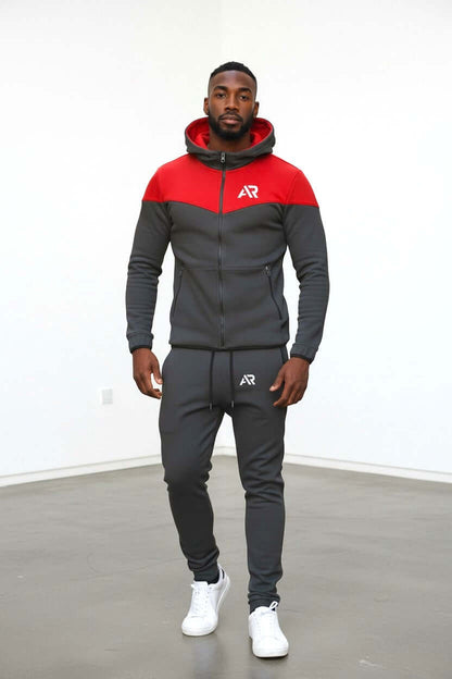 Men's lightweight hoodie and jogger set in dark gray and red, ideal for sports and casual wear.