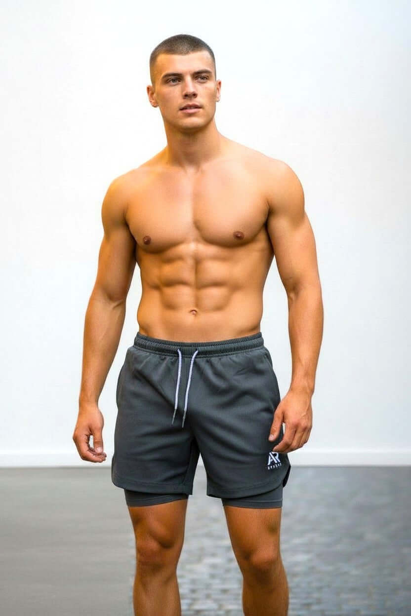 Men's compression gym shorts model showcasing fitness style and functionality.