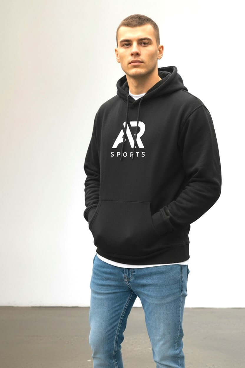 Men wearing a black pullover hoodie with AR Sports logo, showcasing essential style and comfort.