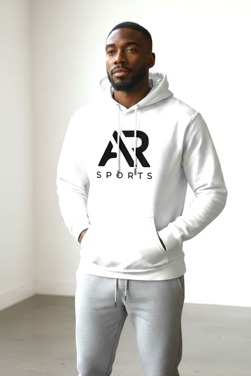 Men's Essential Logo Graphic Pouch Pocket pullover Hoodie in white, modeled by a man, perfect for casual wear.