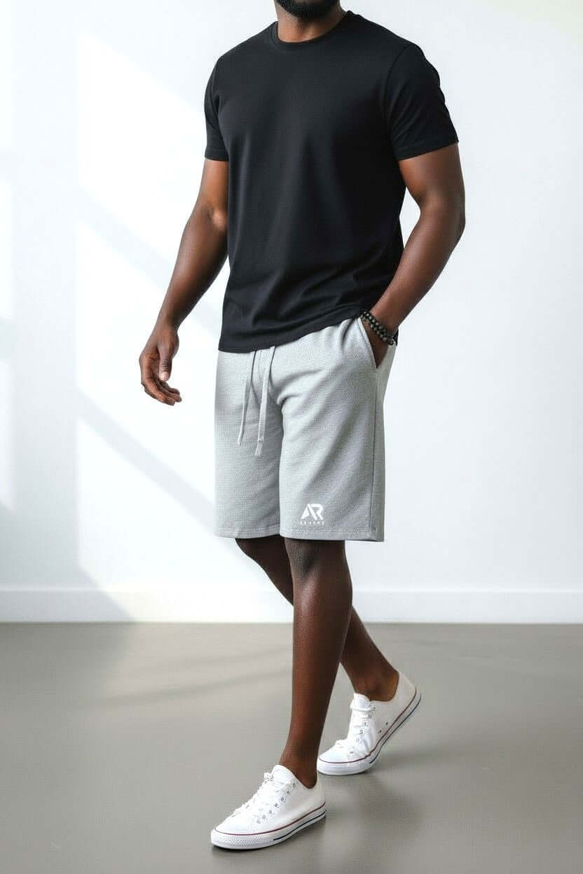 Men wearing black t-shirt with gray French Terry fabric shorts, showcasing active lifestyle comfort and style.