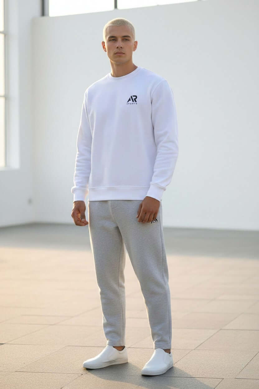 Men's Long Sleeves AR Classic Crew Neck Sweater worn by a man in a stylish setting, showcasing comfort and modern design.