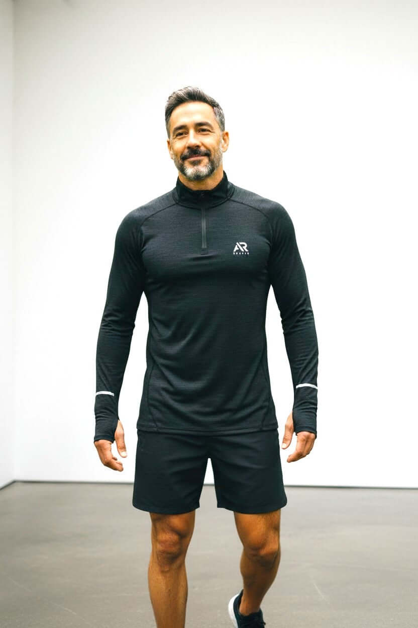 Men's long sleeves quarter zip gym shirt in black, designed for comfort and performance during workouts.