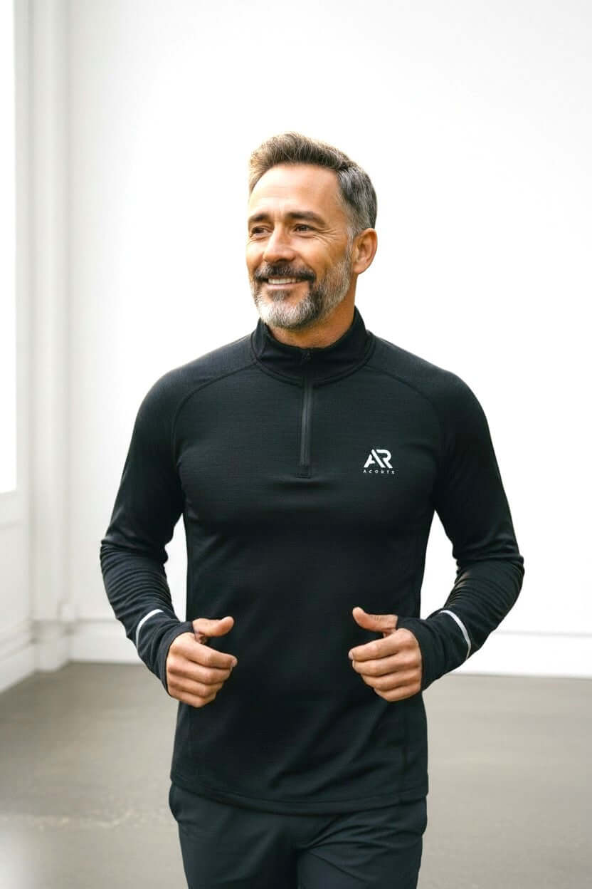 Men's long sleeves quarter zip gym shirt, perfect for fitness enthusiasts, featuring advanced nanotechnology for comfort and performance.