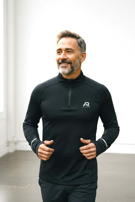 Men's long sleeves quarter zip gym shirt, perfect for fitness enthusiasts, featuring advanced nanotechnology for comfort and performance.