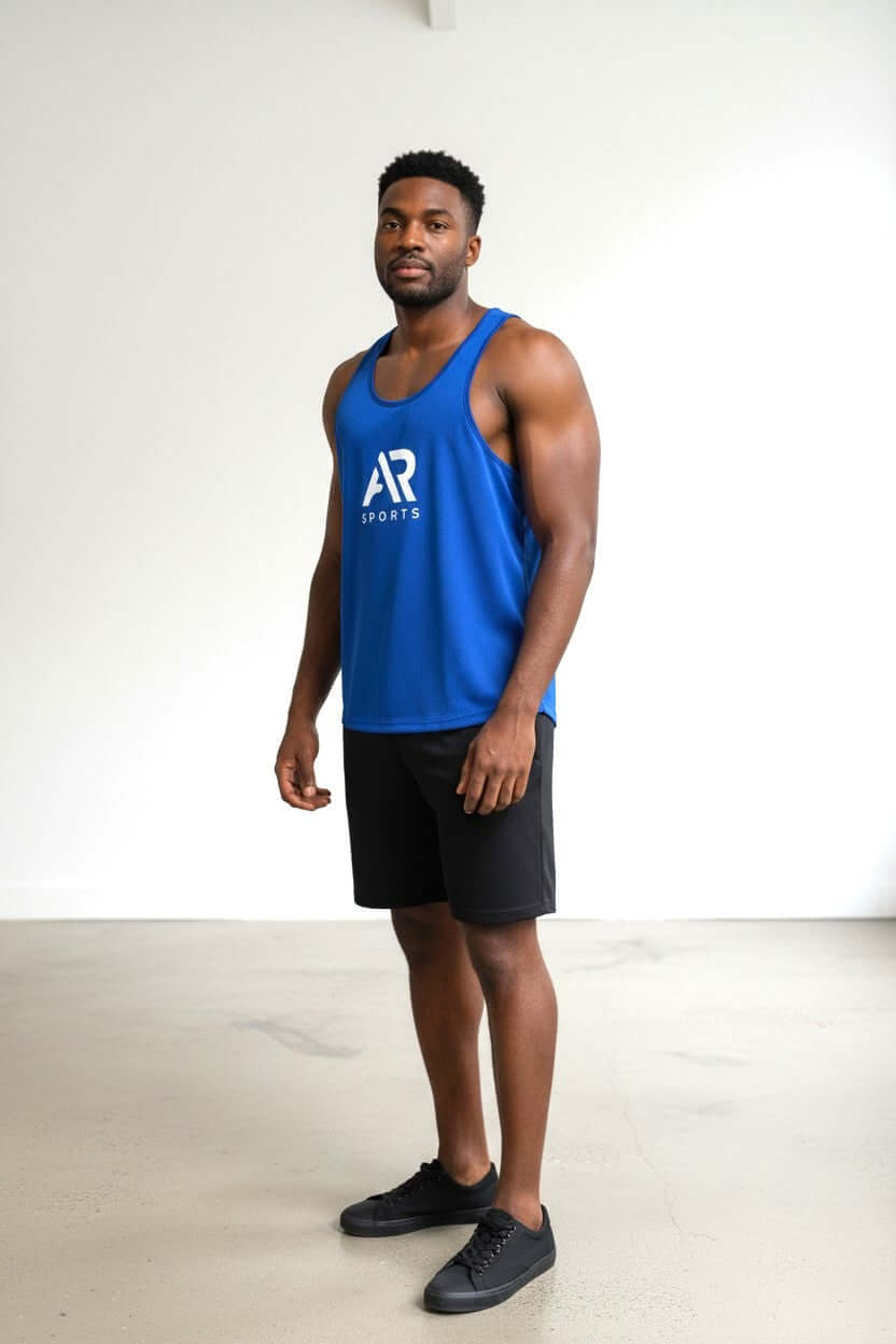 Men's sleeveless gym tank top in blue, perfect for workouts and training sessions.