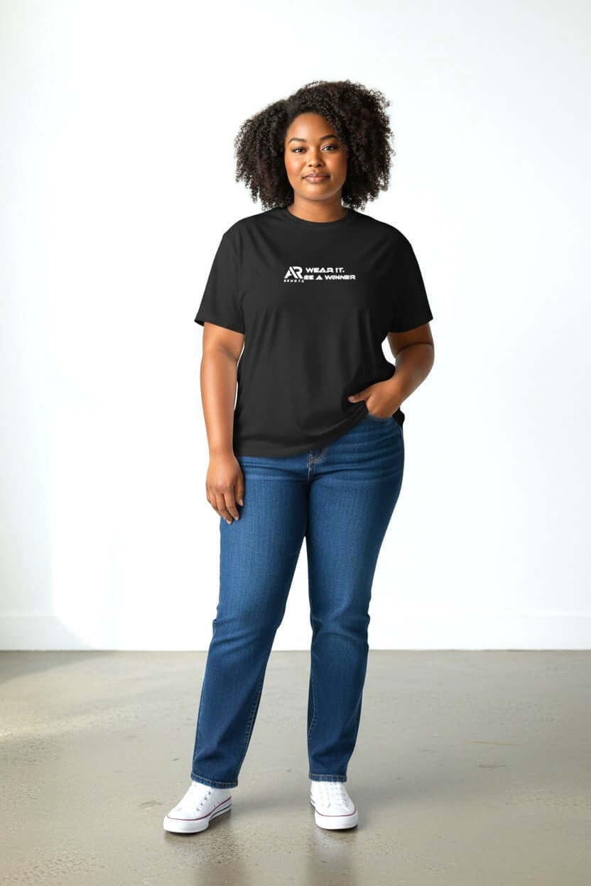 Women wearing a stylish black slogan t-shirt from AR Sportswear, showcasing comfort and fit.