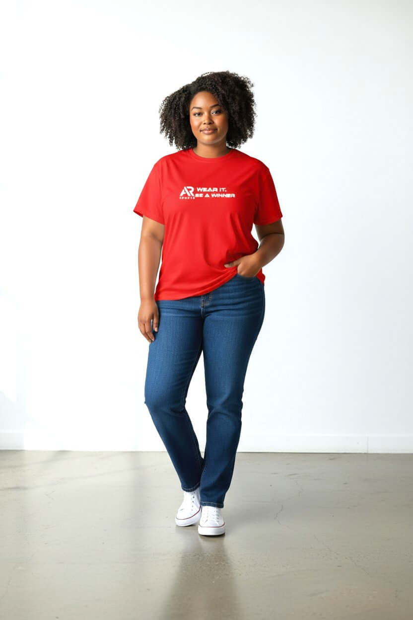 Woman wearing a red AR Sportswear women's short sleeves slogan t-shirt paired with blue jeans, posing confidently.
