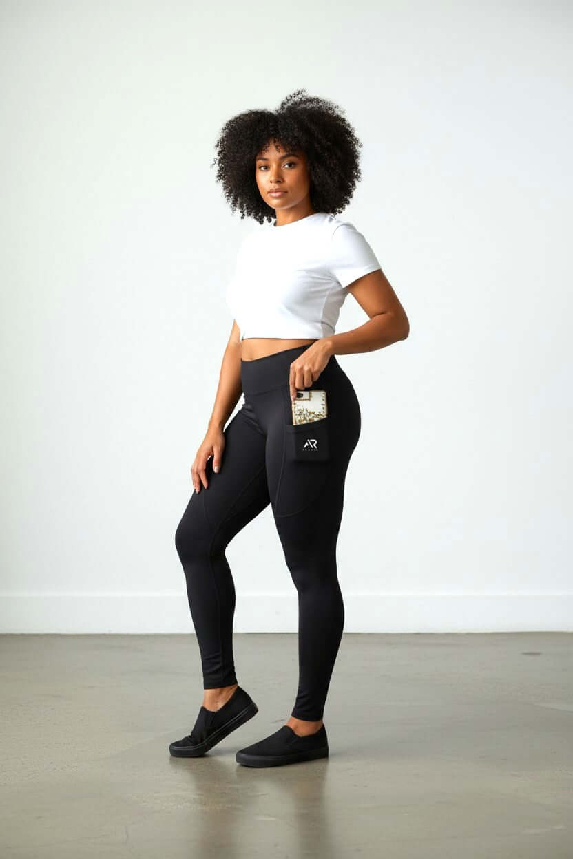 Women wearing Women's Side Pocket Logo High Waist Leggings, showcasing style and functionality.