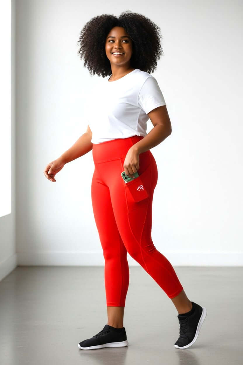 women wearing red side pocket logo high waist leggings, showcasing style and functionality in activewear.