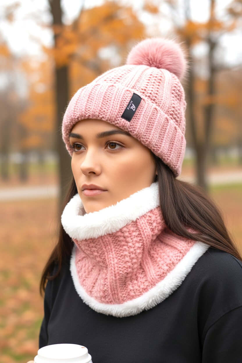 Women wearing a pink winter Kiki beanie and neck warmer, enjoying coffee in autumn park.