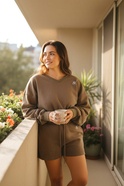 AR Sportswear 2Pcs Women's V-neck Sweatshirt Long Sleeves Crop With Matching Shorts