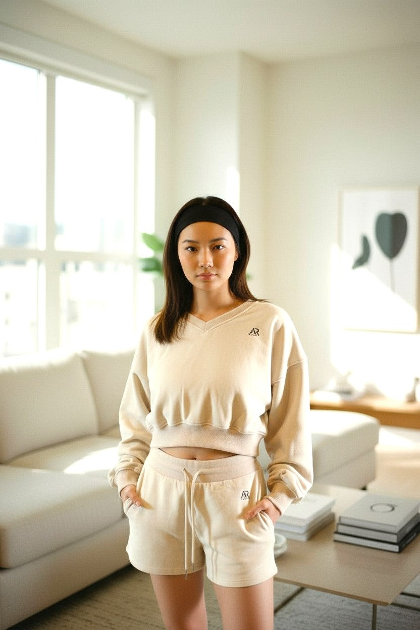 AR Sportswear 2Pcs Women's V-neck Sweatshirt Long Sleeves Crop With Matching Shorts