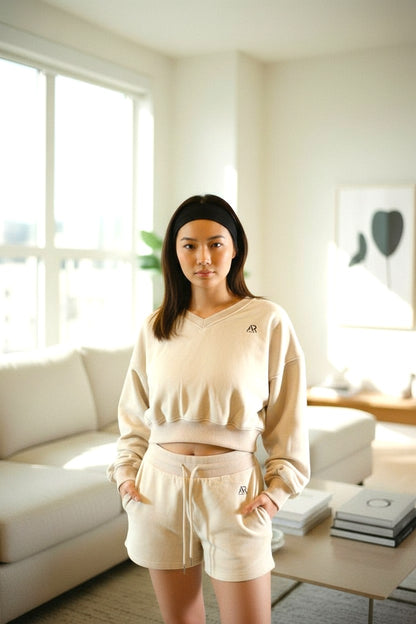 AR Sportswear 2Pcs Women's V-neck Sweatshirt Long Sleeves Crop With Matching Shorts