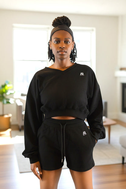 AR Sportswear 2Pcs Women's V-neck Sweatshirt Long Sleeves Crop With Matching Shorts