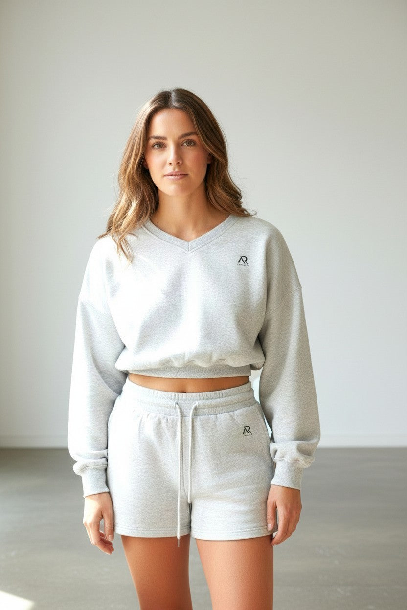 AR Sportswear 2Pcs Women's V-neck Sweatshirt Long Sleeves Crop With Matching Shorts