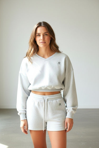 AR Sportswear 2Pcs Women's V-neck Sweatshirt Long Sleeves Crop With Matching Shorts