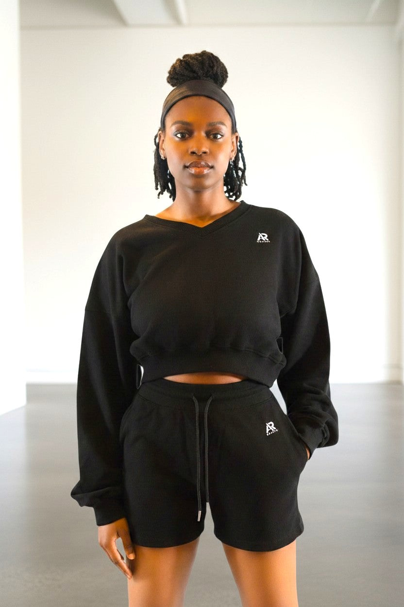 AR Sportswear 2Pcs Women's V-neck Sweatshirt Long Sleeves Crop With Matching Shorts