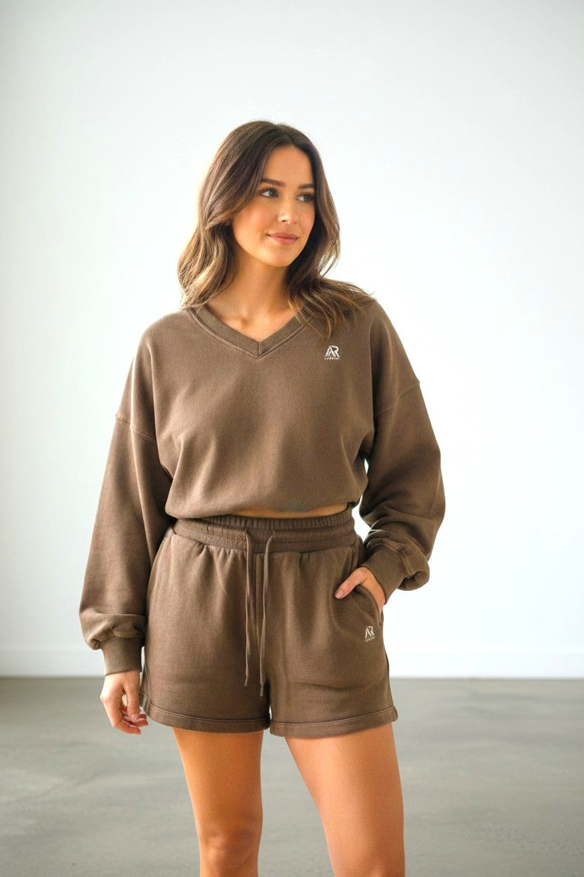 AR Sportswear 2Pcs Women's V-neck Sweatshirt Long Sleeves Crop With Matching Shorts