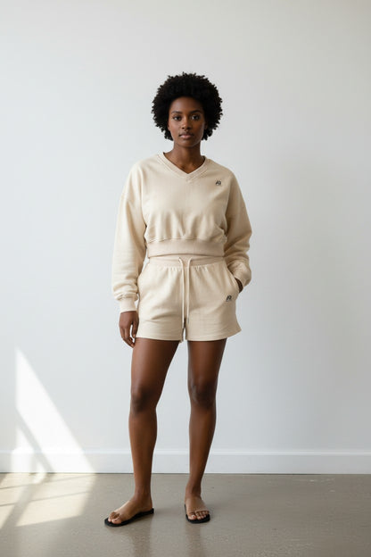 AR Sportswear 2Pcs Women's V-neck Sweatshirt Long Sleeves Crop With Matching Shorts