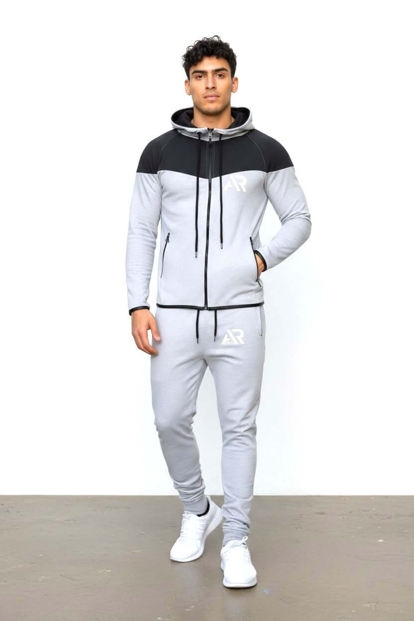 Men's lightweight hoodie jogger set, featuring long sleeves and two pockets, perfect for sports and casual wear.