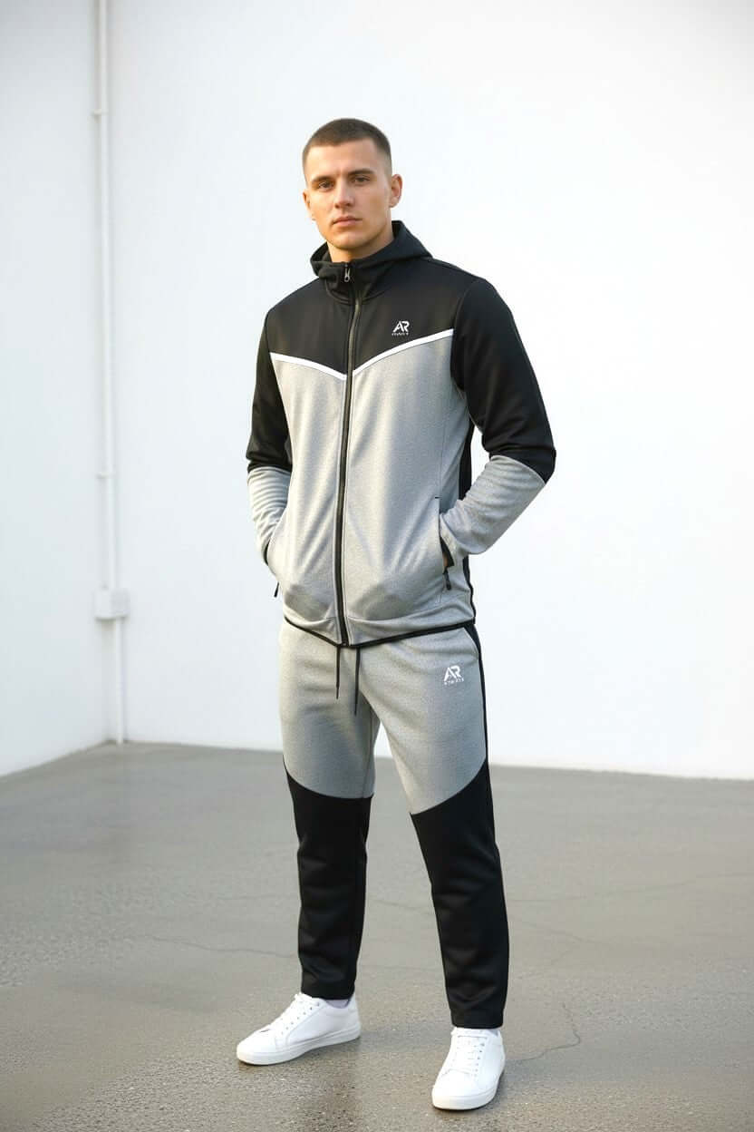Men wearing AR Sportswear Men's 2Pcs Hoodie Tracksuit in stylish black and gray colors.
