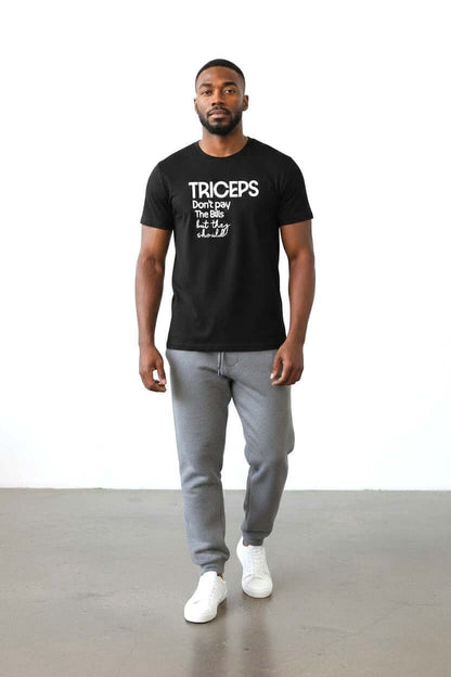 Man wearing a black t-shirt with humorous text, paired with gray pants, ideal for casual wear.