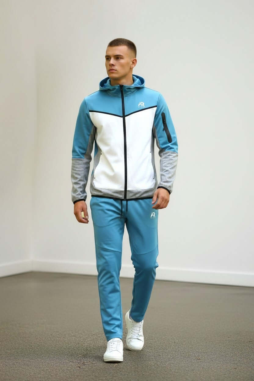 Stylish Men wearing AR Sportswear 2Pcs Hoodie Tracksuit in blue and gray.