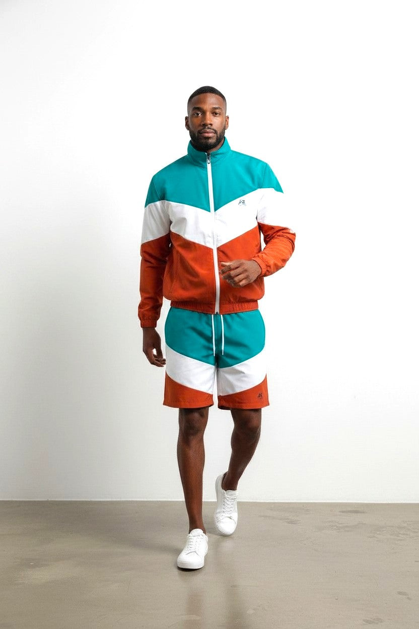 Men's 2Pcs Zip Up Long Sleeve Windbreaker jacket with Matching Shorts in teal and orange.