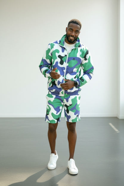 Men's 2Pcs Zip Up Long Sleeve Windbreaker jackets with Matching Shorts in camo design.