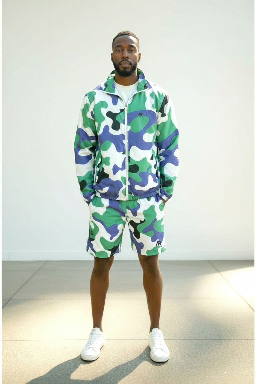 Men's 2Pcs Zip Up Long Sleeve Windbreaker jackets with Matching Shorts in camouflage pattern.
