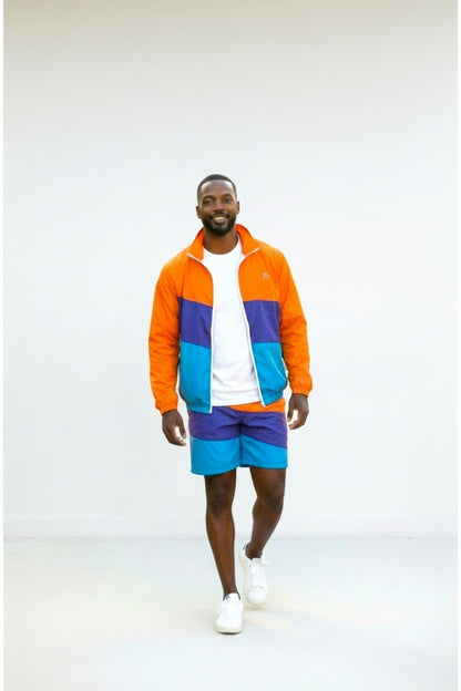 Men in a stylish orange and blue 2Pcs Zip Up Windbreaker jacket and shorts set, perfect for outdoor activities.